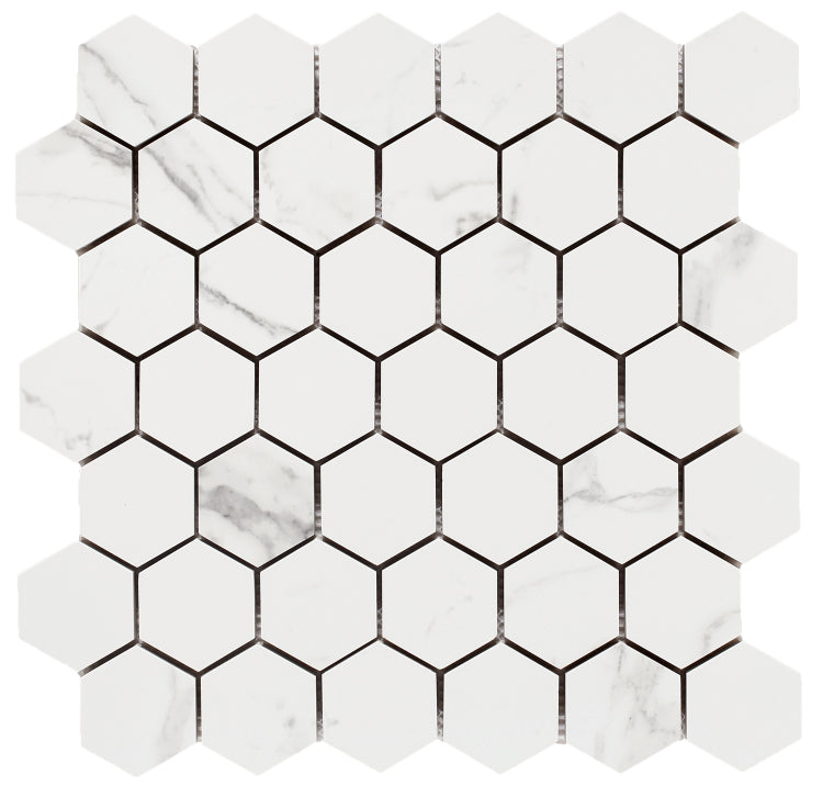 Malaysia Carrara Pre Matte 2 x 2 Hexagon Mosaic 12 x 12 Marble Laminated Porcelain Tile