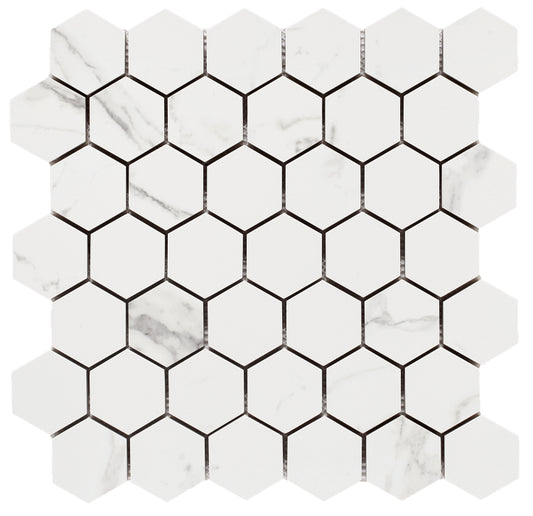 Malaysia Carrara Pre Matte 2 x 2 Hexagon Mosaic 12 x 12 Marble Laminated Porcelain Tile