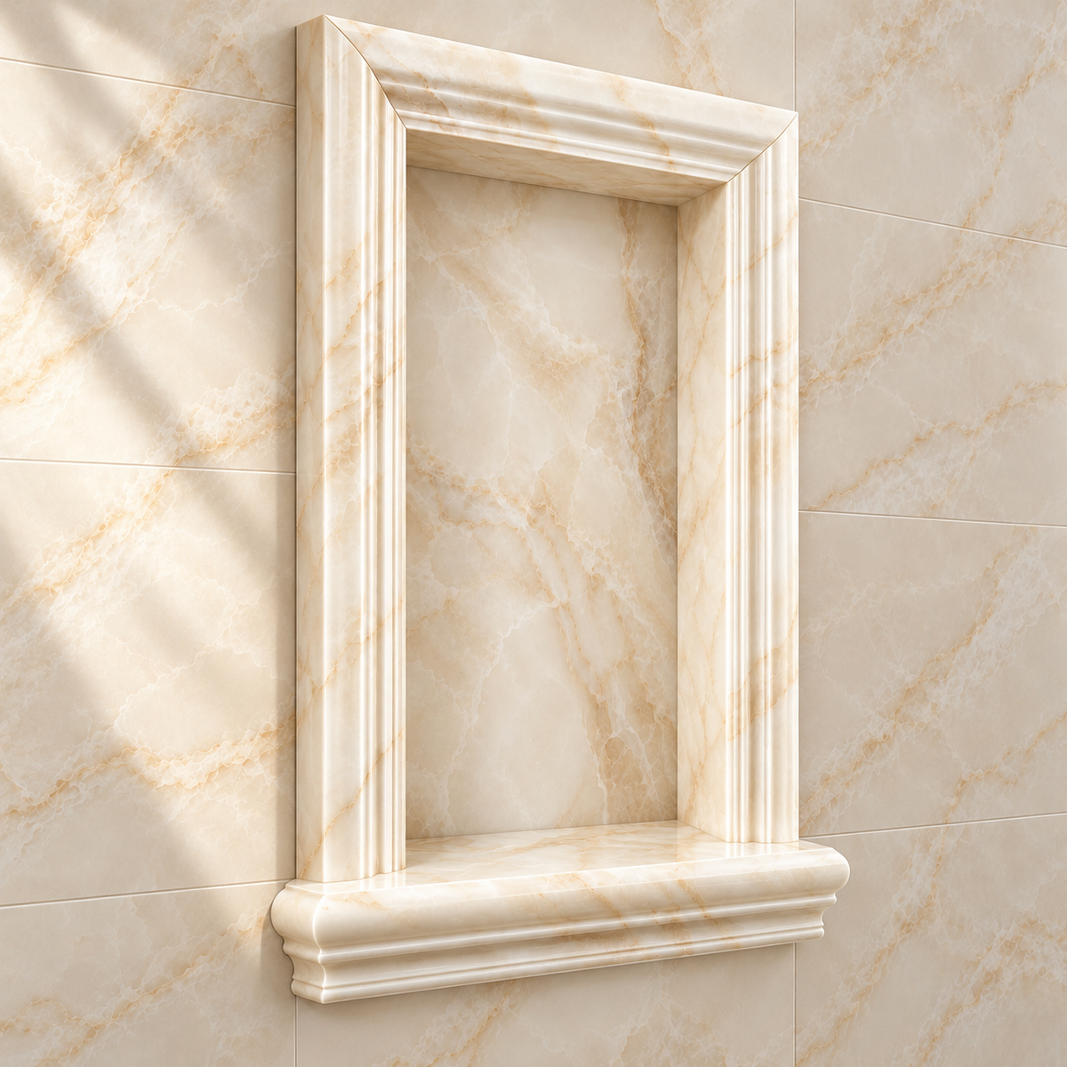 Vanilla White Onyx Shower Shampoo Niche – Large – angled bathroom view; AI-generated visualization