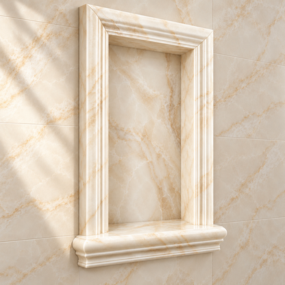 Vanilla White Onyx Shower Shampoo Niche – Large – angled bathroom view; AI-generated visualization