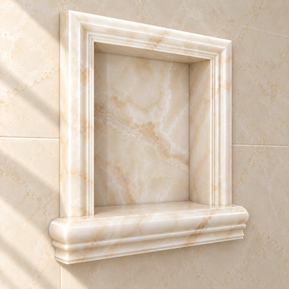 Vanilla White Onyx Shower Shampoo Niche – Small – angled bathroom view; AI-generated visualization