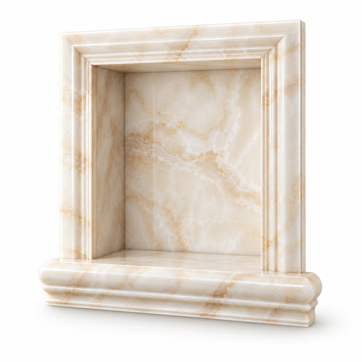 Vanilla White Onyx Shower Shampoo Niche – Small – white background studio view; AI-generated visualization
