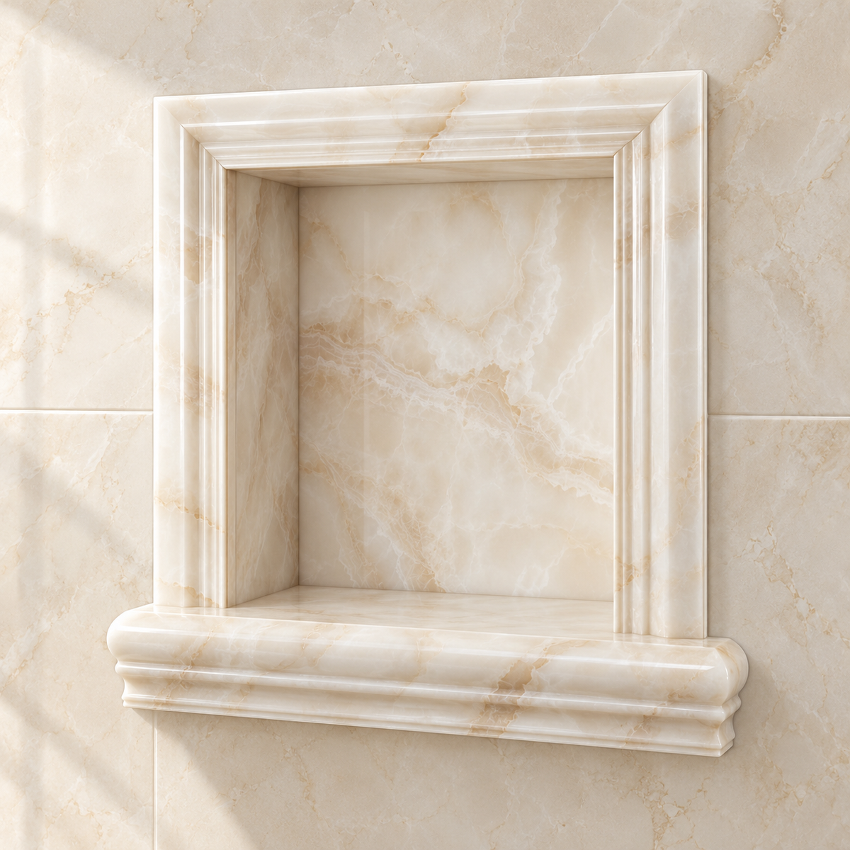 Vanilla White Onyx Shower Shampoo Niche – Small – AI-generated design visualization; natural stone varies