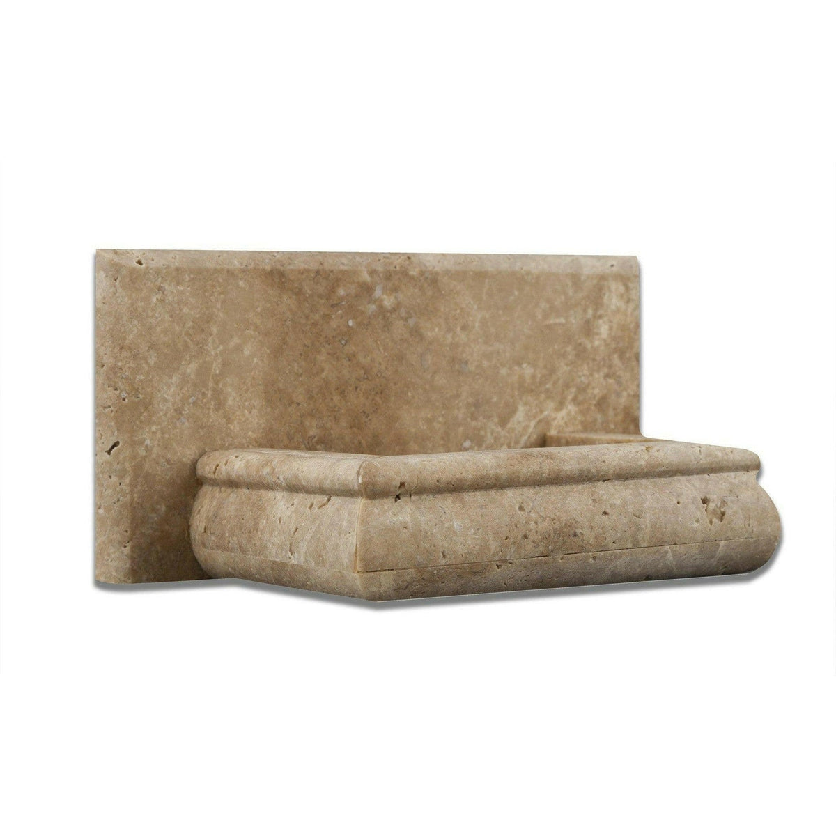 Walnut Travertine honed soap holder alternate angle