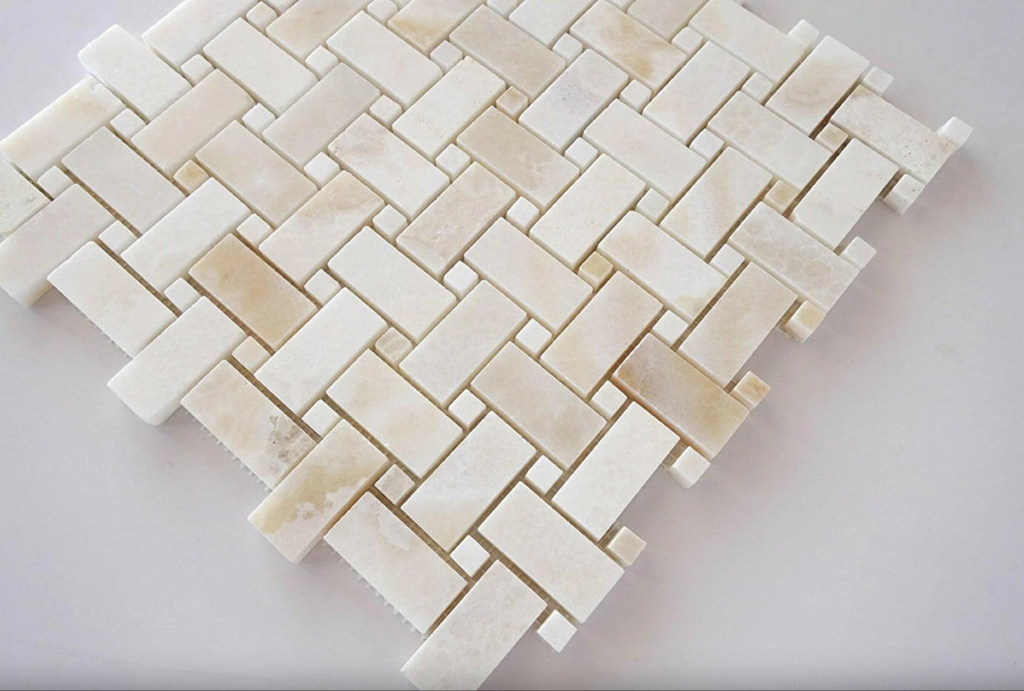 White Onyx Basketweave Mosaic Cross - Cut w/ White Onyx Dots Polished - Hey Tiles