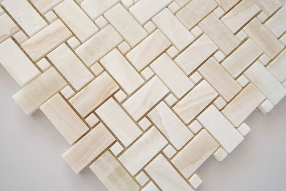 White Onyx Basketweave Mosaic Cross - Cut w/ White Onyx Dots Polished - Hey Tiles