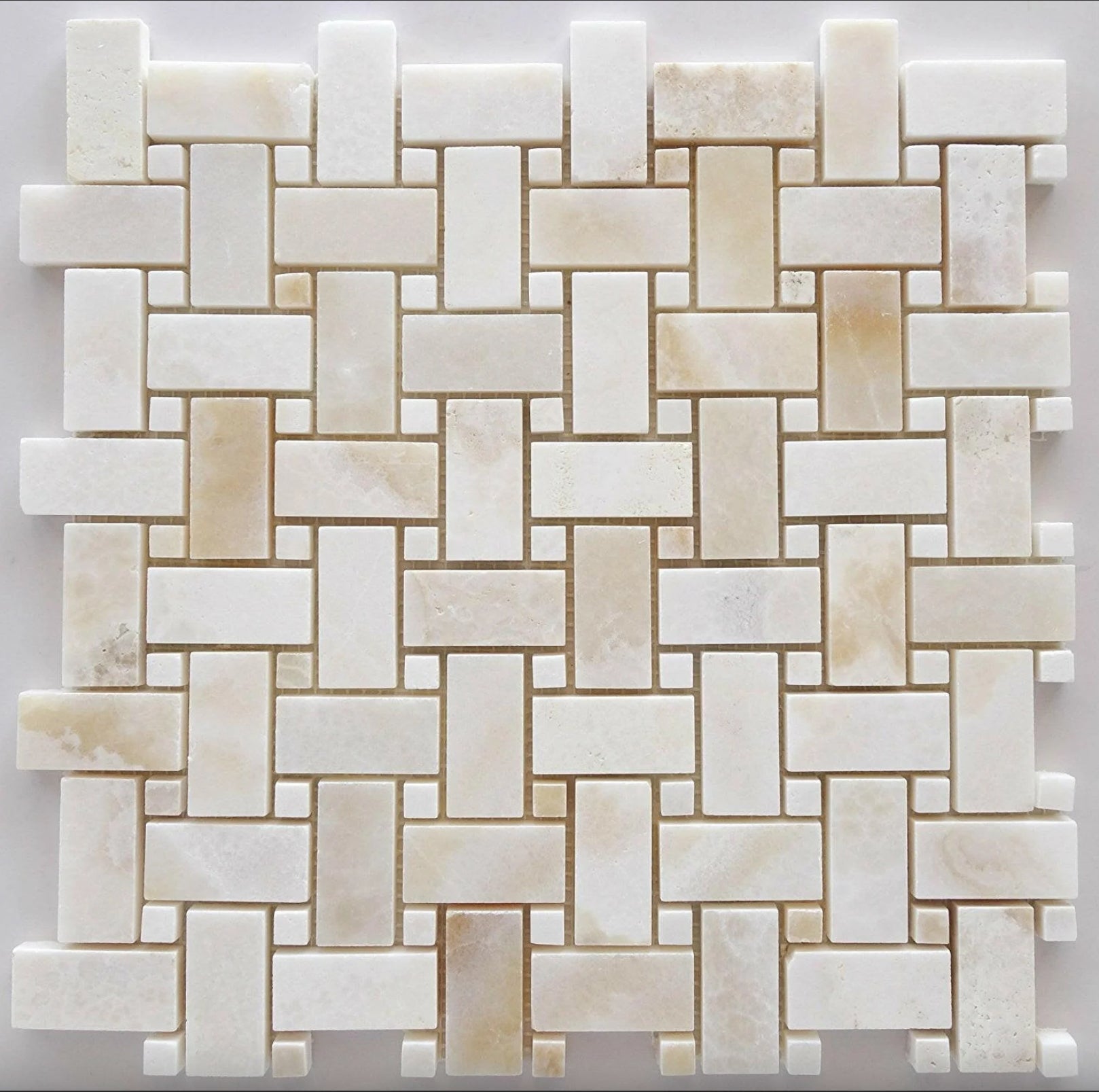 White Onyx Basketweave Mosaic Cross - Cut w/ White Onyx Dots Polished - Hey Tiles