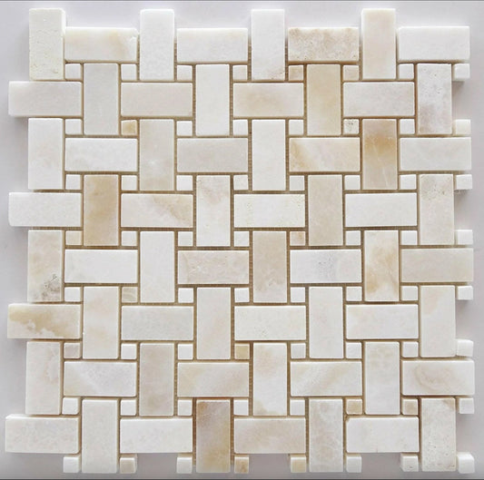 White Onyx Basketweave Mosaic Cross - Cut w/ White Onyx Dots Polished - Hey Tiles