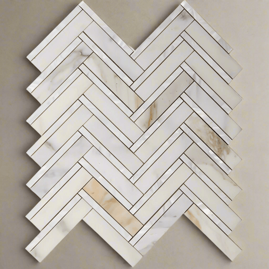 11 x 11.75 Calacatta Gold + Mother of Pearl Chevron Polished Mosaic - Hey Tiles