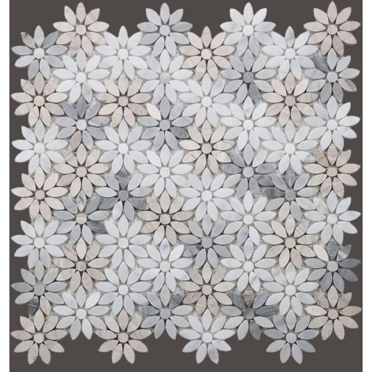 12.5 x 12.75 Carrara White with Blue Marble Daisy Flower Mosaic - Hey Tiles