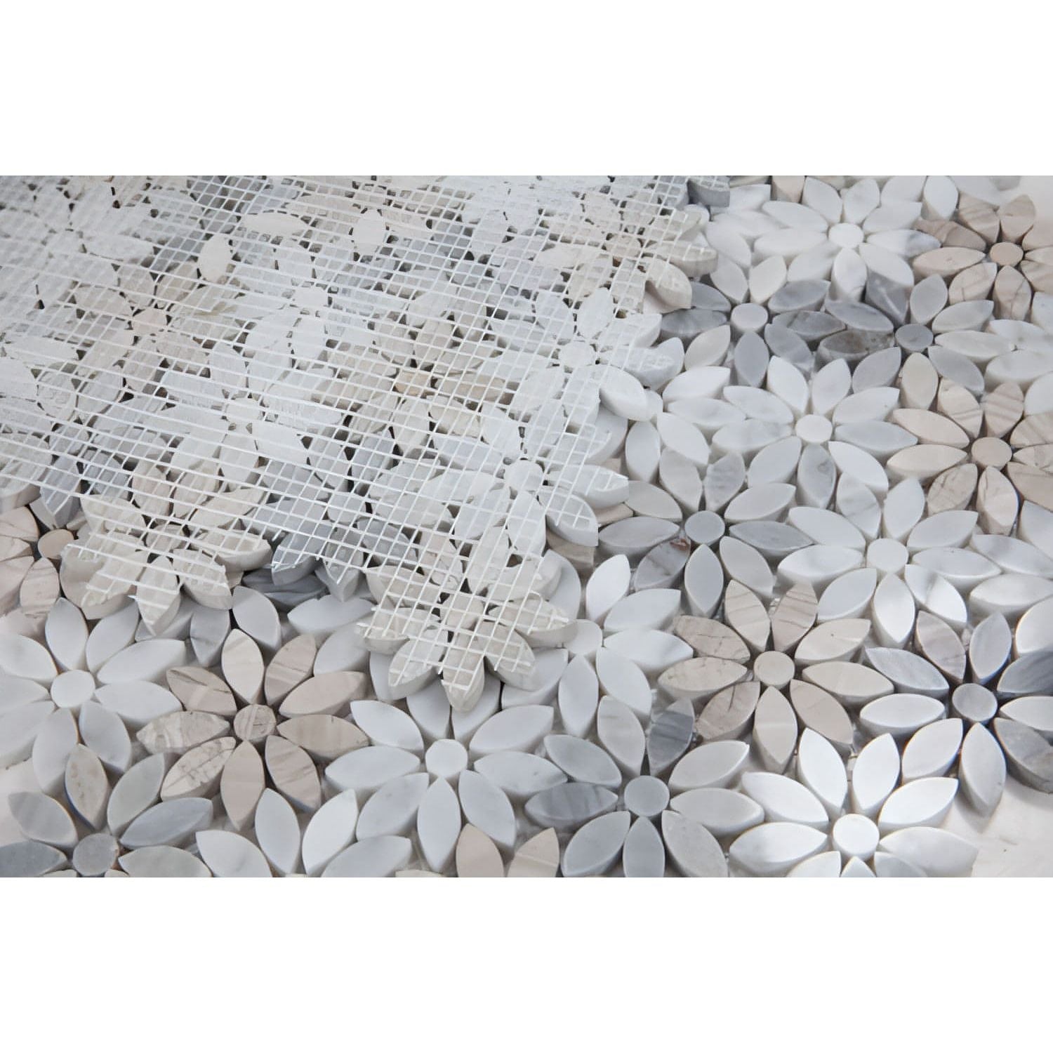 12.5 x 12.75 Carrara White with Blue Marble Daisy Flower Mosaic - Hey Tiles