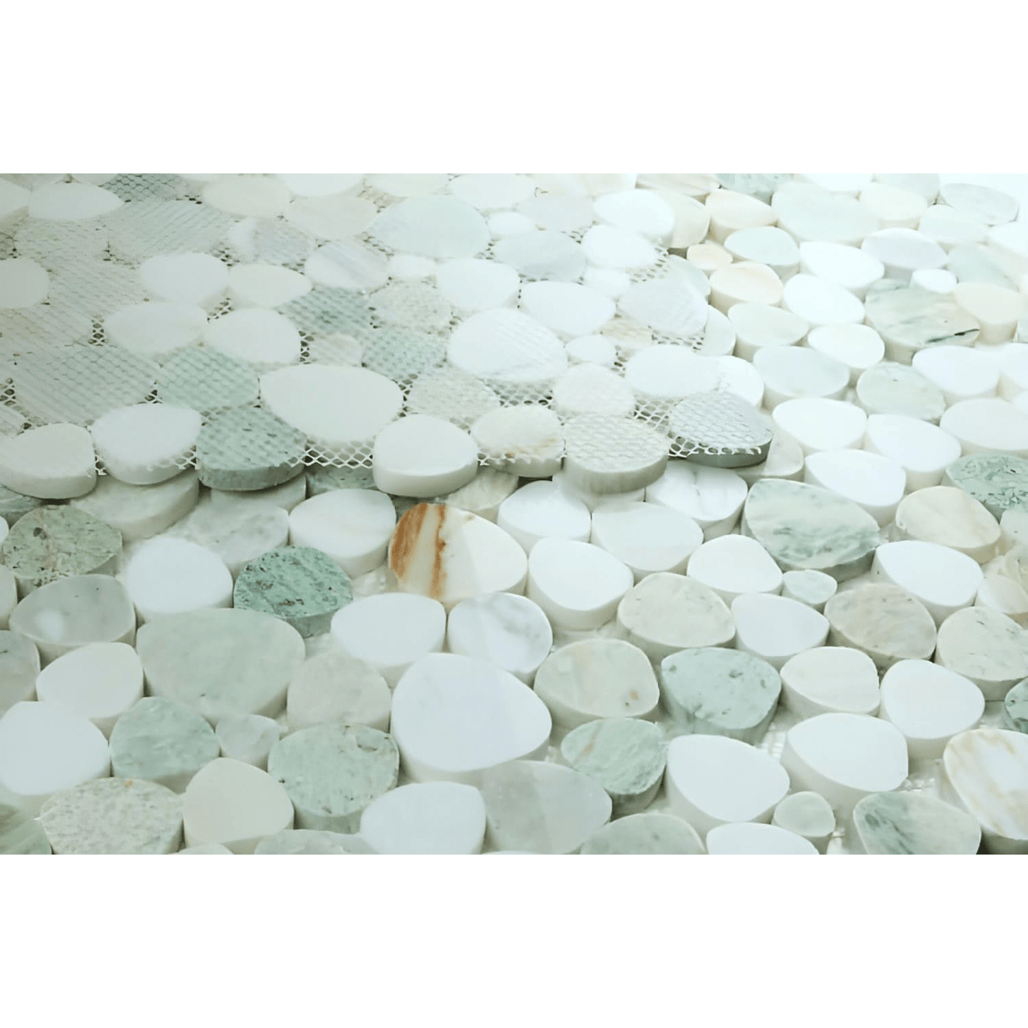 12x12 Green Onyx + Thassos White Spring Pebble Mosaic - Hey Tiles