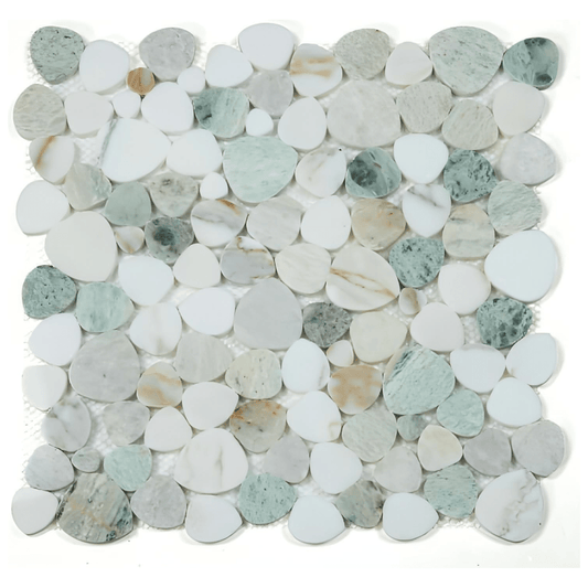 12x12 Green Onyx + Thassos White Spring Pebble Mosaic - Hey Tiles