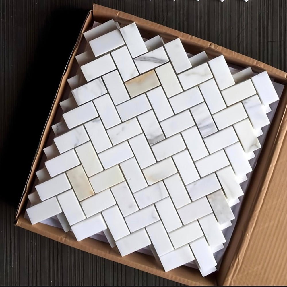 1x2 Calacatta Gold Marble Herringbone Mosaic Polished / Honed - Hey Tiles