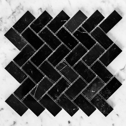 1x2 Nero Marquina / Herringbone Mosaic - Hey Tiles