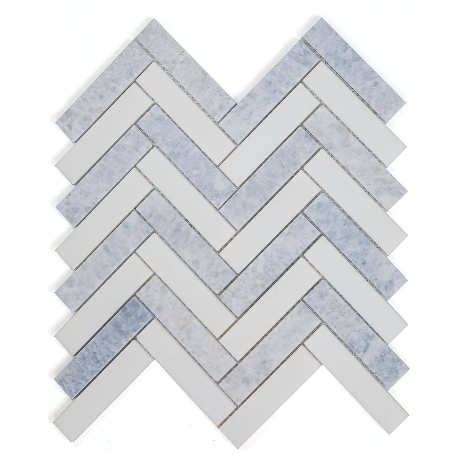 1x3 Thassos White + Cielo Blue Herringbone Polished - Hey Tiles