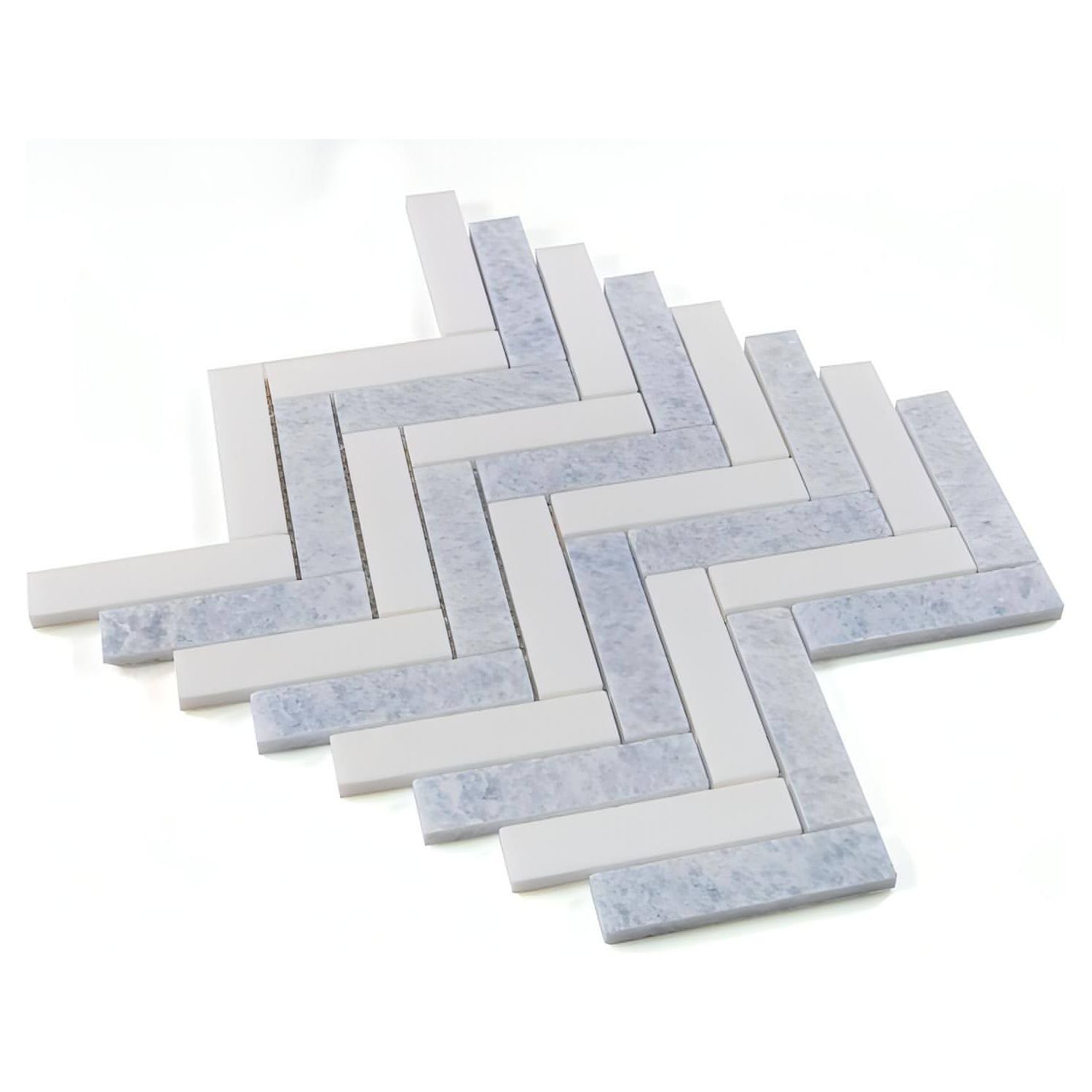 1x3 Thassos White + Cielo Blue Herringbone Polished - Hey Tiles