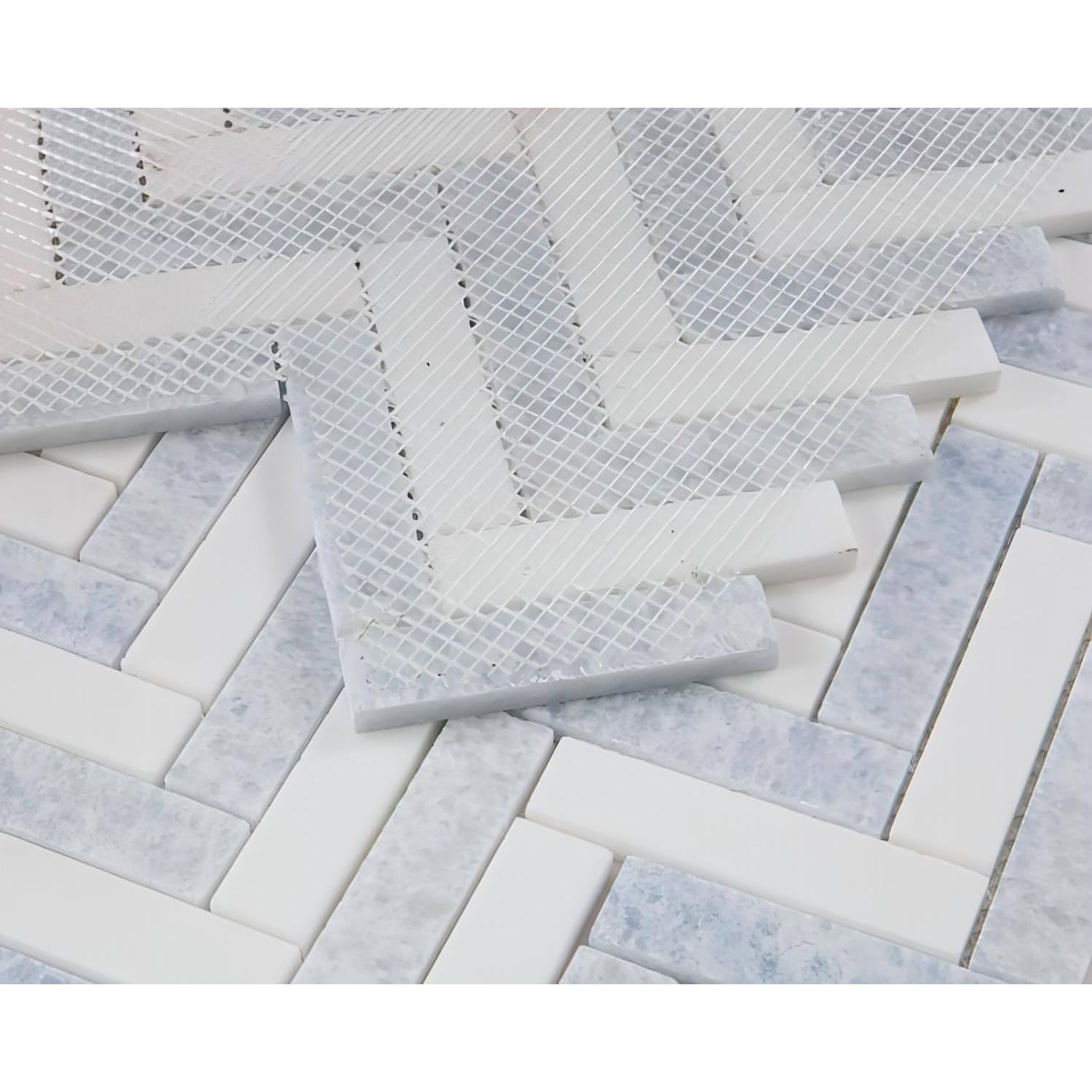 1x3 Thassos White + Cielo Blue Herringbone Polished - Hey Tiles