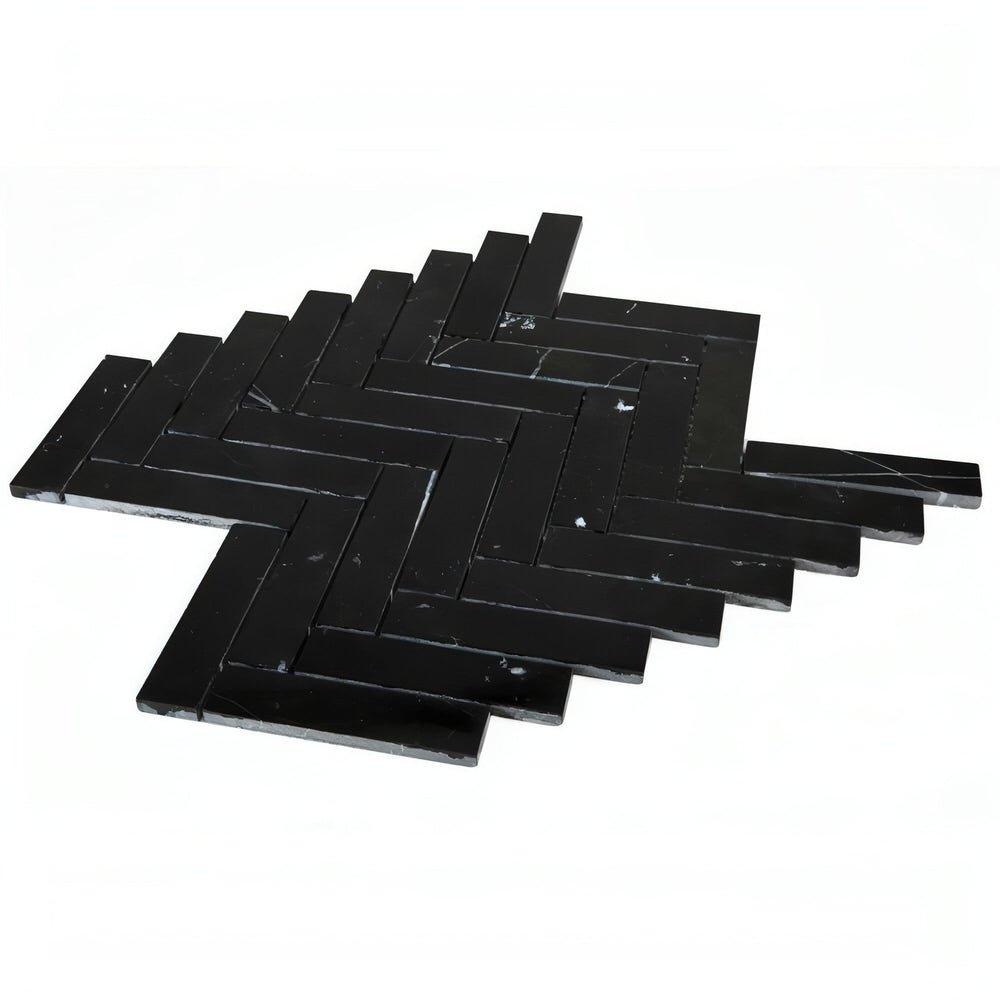 1x4 Herringbone Marquina Nero Mosaic Tile - Hey Tiles