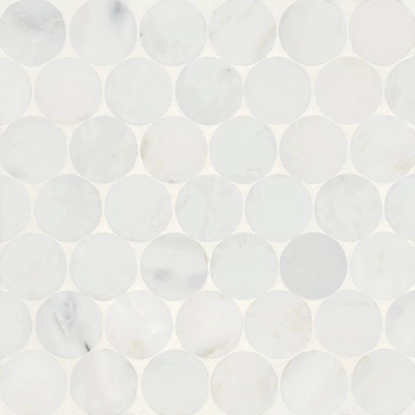 2” Monet Honed Marble Mosaic 10 Tile in Oriental White Penny Round - Hey Tiles