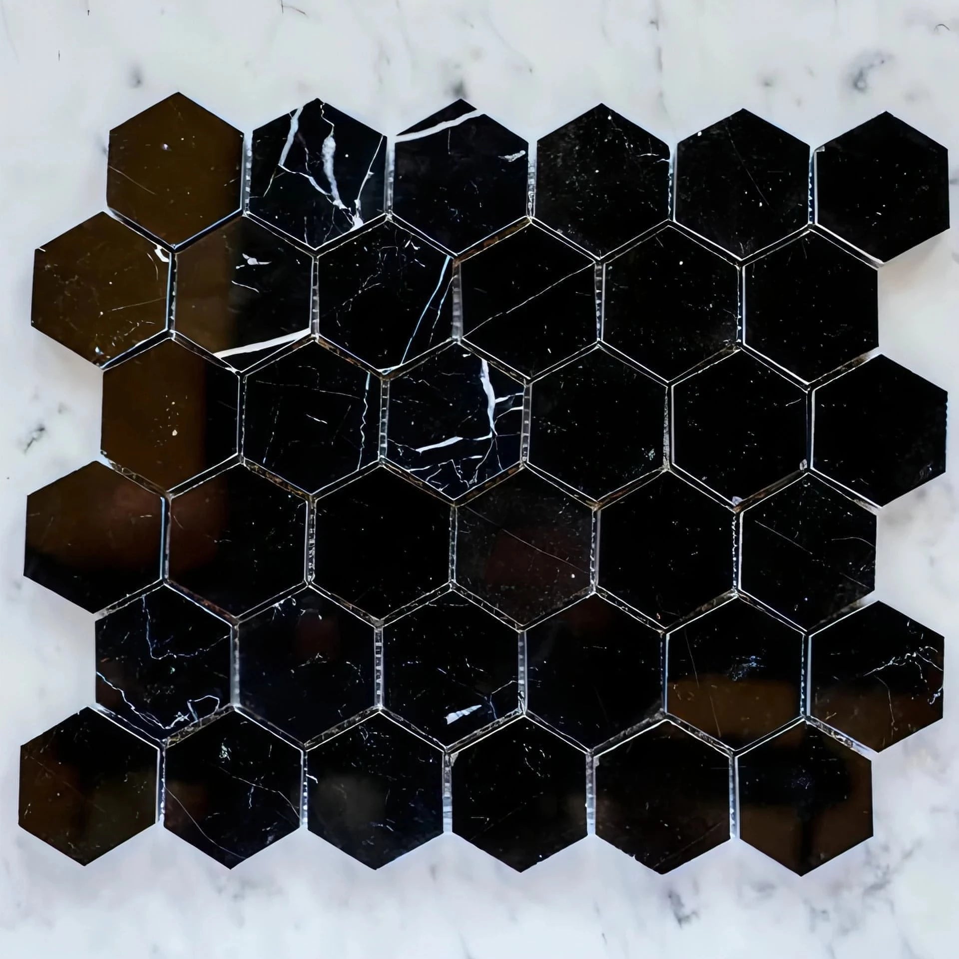 2” Nero Marquina Hexagon Mosaic - Hey Tiles