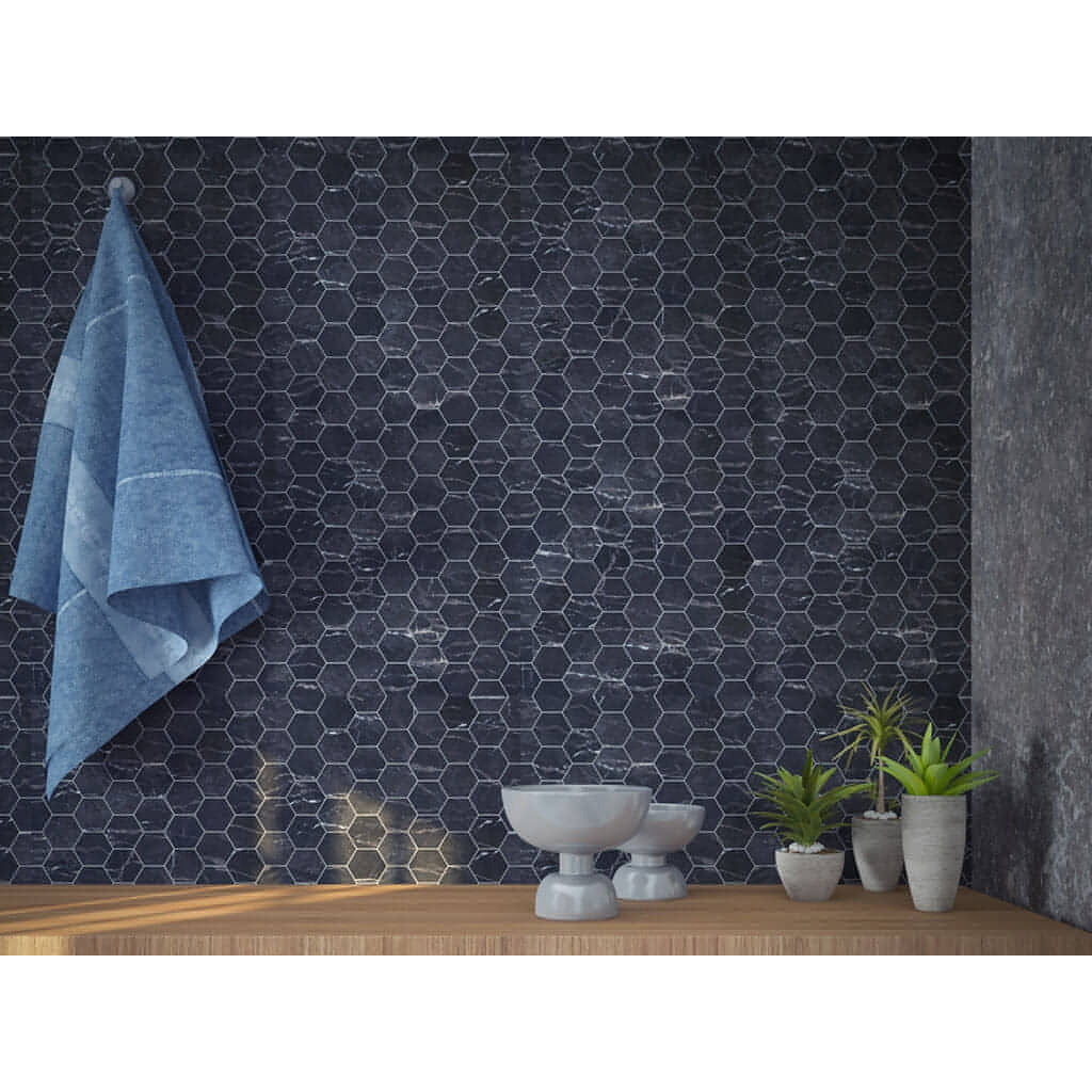 2” Nero Marquina Hexagon Mosaic - Hey Tiles