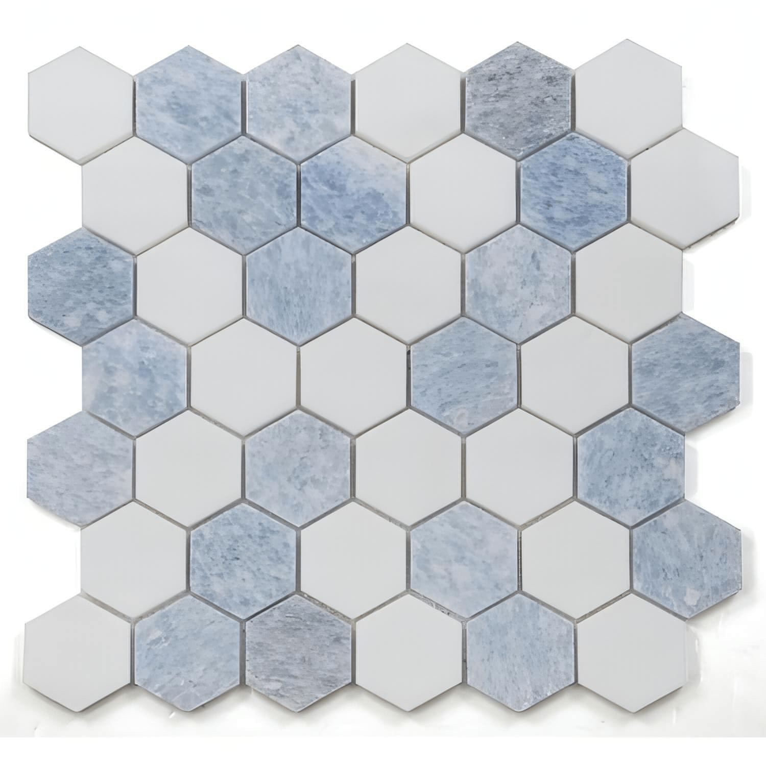 2” Thassos White + Blue Celeste Polished Hexagon 11.75 x 12 - Hey Tiles