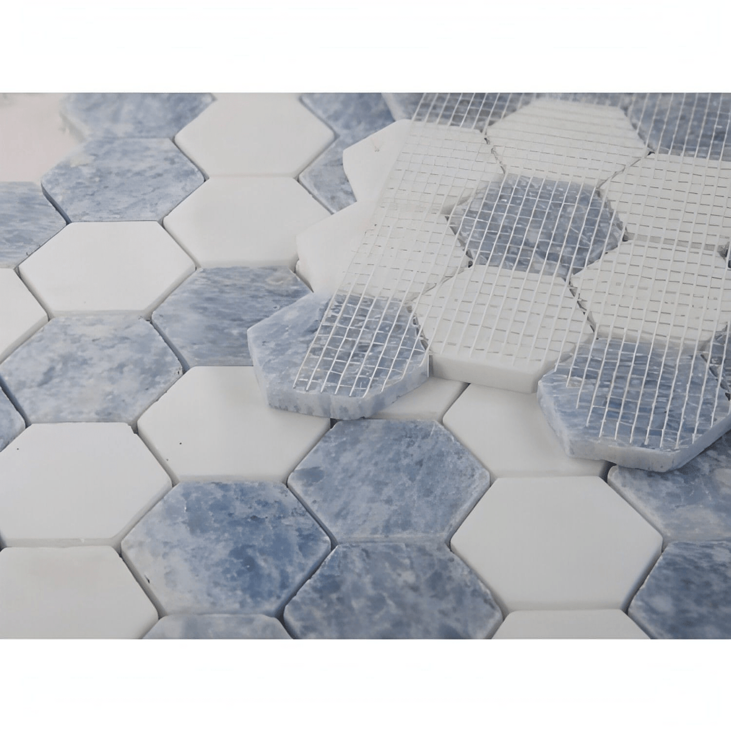 2” Thassos White + Blue Celeste Polished Hexagon 11.75 x 12 - Hey Tiles