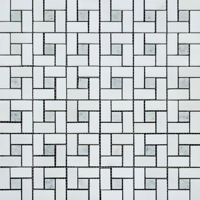 Thassos White Marble Polished Pinwheel Mosaic Tile W/ Ming-green Dots - heytiles