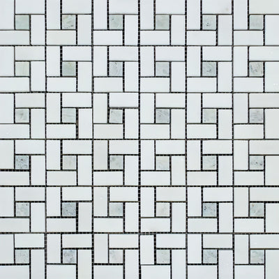 Thassos White Marble Honed Pinwheel Mosaic Tile W/ Ming-green Dots - heytiles
