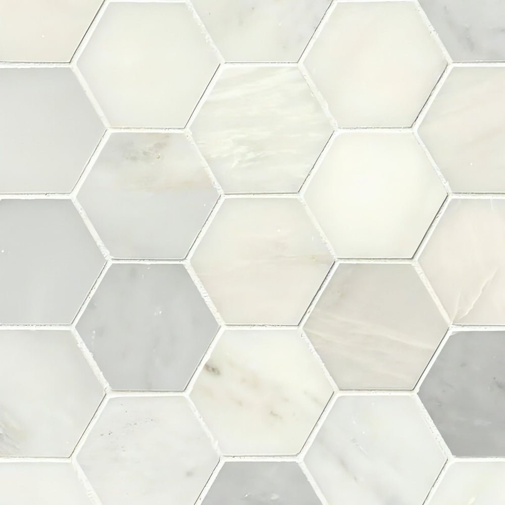 3” Greecian White Polished Hexagon Mosaic Tile - Hey Tiles