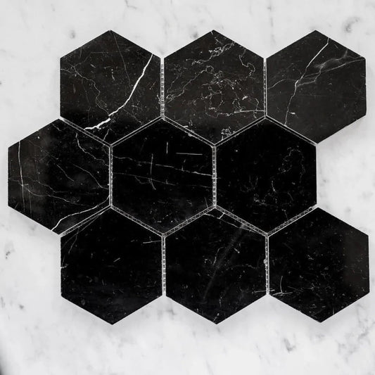 3” Nero Marquina Hexagon Mosaic Tile - Hey Tiles