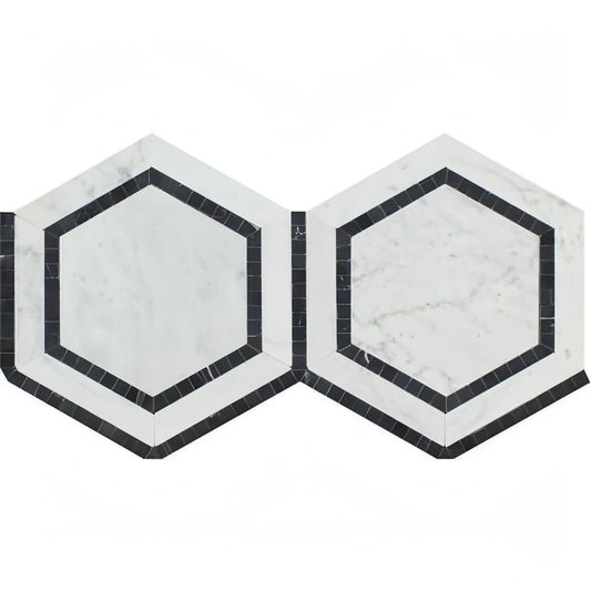 5” Carrara White + Nero Marquina Dual Hexagon Mosaic Tile - Hey Tiles