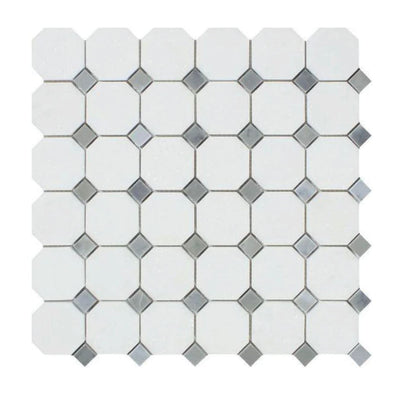 Thassos White Marble + Bardiglio Gray Dots Octagon Honed Mosaic Tile Thassos White heytiles   