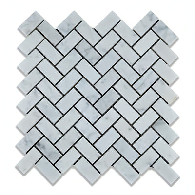 Carrara White Marble Polished 1 X 2 Herringbone Mosaic Tile - heytiles