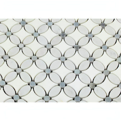 Thassos White Marble Polished Florida Flower Mosaic Tile W/blue Gray Dots - heytiles