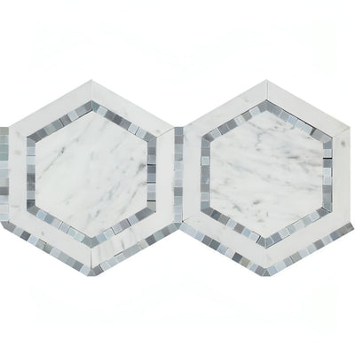 Carrara White Marble Polished 5" Hexagon Combination Mosaic Tile W / Blue-gray - heytiles