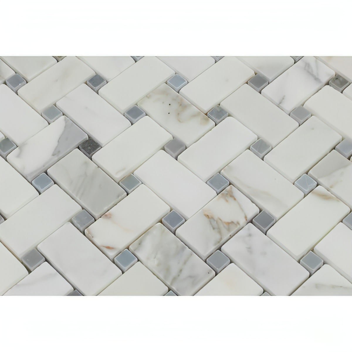 Calacatta Gold Marble Basketweave Mosaic Tile W/ Blue - gray Dots - Hey Tiles