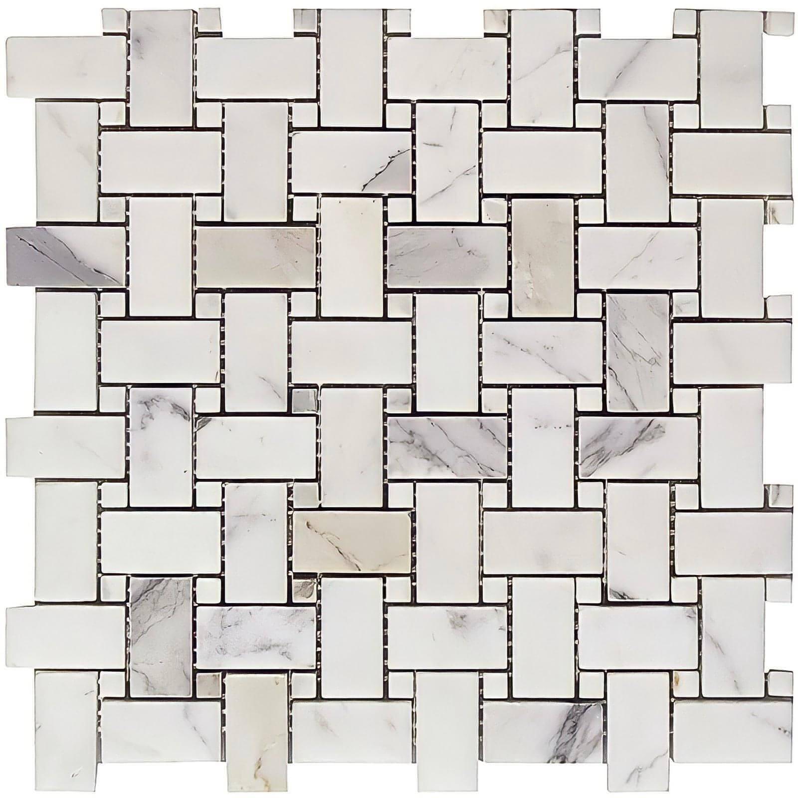 Calacatta Gold Marble Basketweave Mosaic Tile W/ Calacatta Gold Dots - Hey Tiles