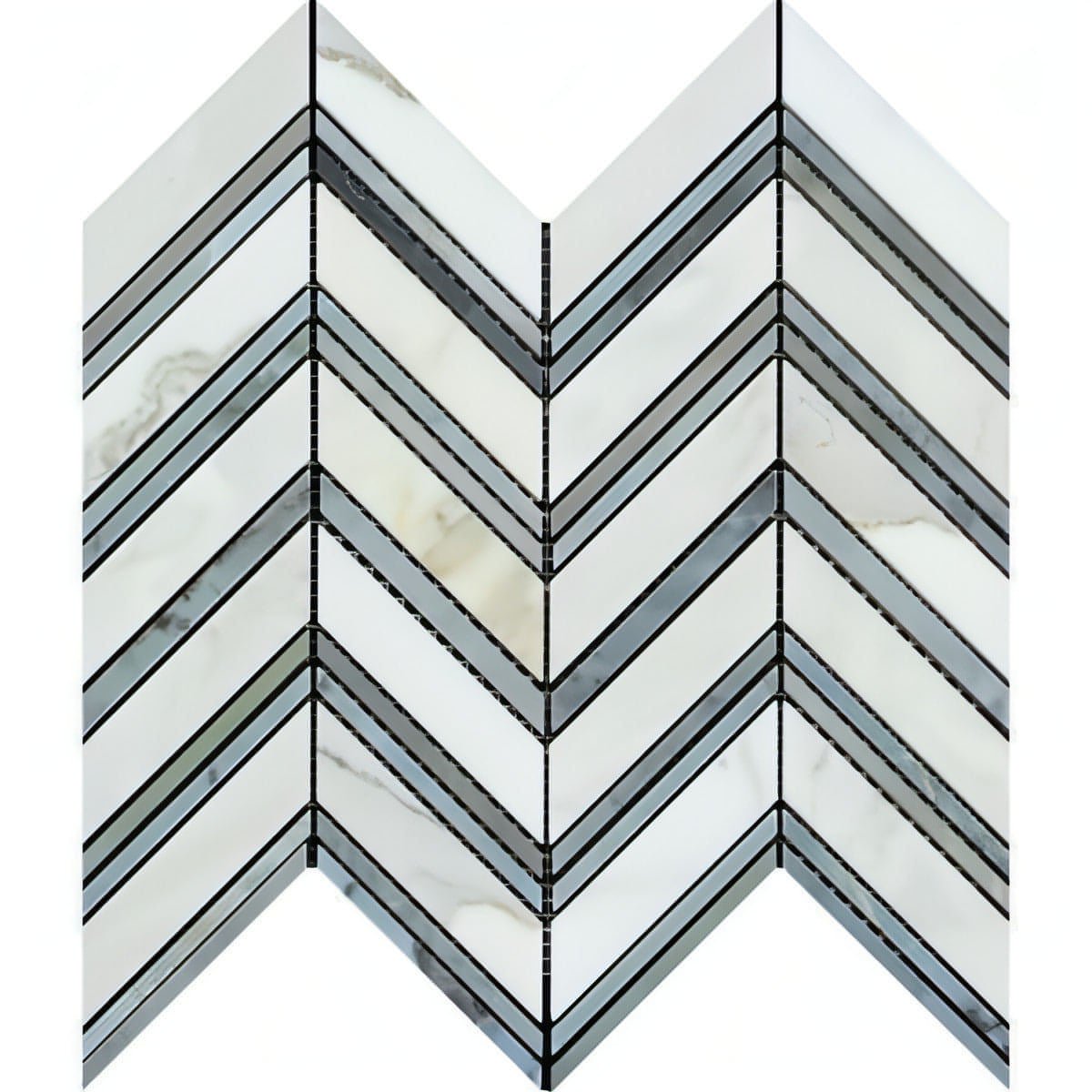 Calacatta Gold Marble Large Chevron Mosaic Tile W / Blue - Gray Dots Marble Strips - Hey Tiles