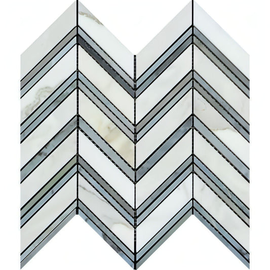 Calacatta Gold Marble Large Chevron Mosaic Tile W / Blue - Gray Dots Marble Strips - Hey Tiles