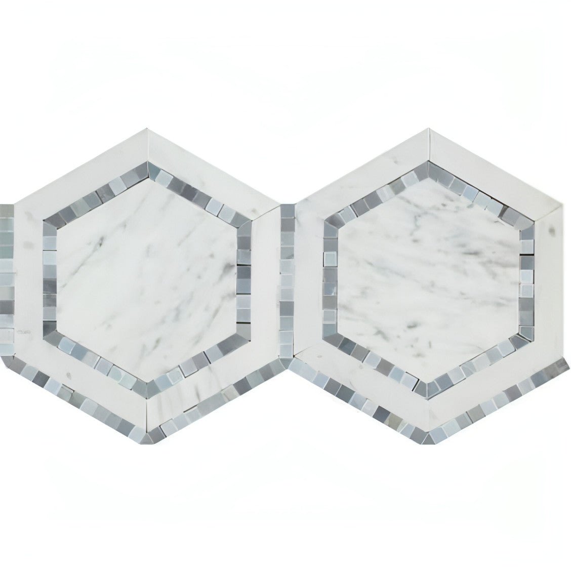 Carrara White + Gray Blue Dual Hexagon 5” Mosaic Tile - Hey Tiles