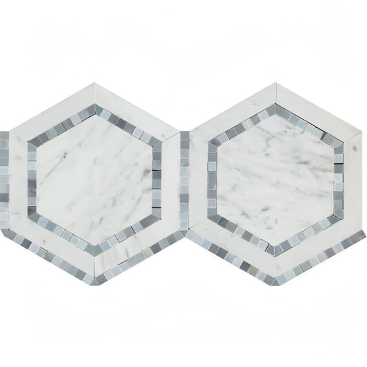 Carrara White + Gray Blue Dual Hexagon 5” Mosaic Tile - Hey Tiles