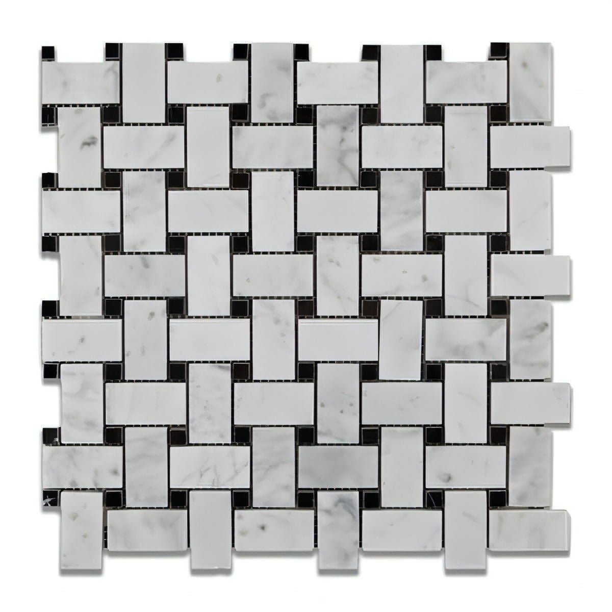 Carrara White Marble Basketweave Mosaic Tile W/ Black Dots - Hey Tiles