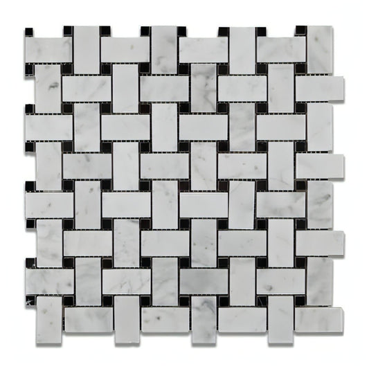 Carrara White Marble Basketweave Mosaic Tile W/ Black Dots - Hey Tiles