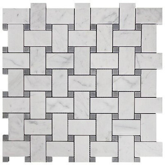 Carrara White Marble Honed Basketweave Mosaic Tile W/ Blue - gray Dots - Hey Tiles