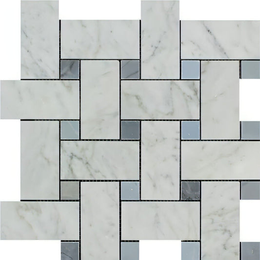 Carrara White Marble Honed Large Basketweave Mosaic Tile W/ Gray Dots - Hey Tiles