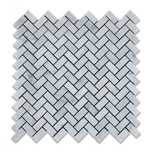 Carrara White Marble Honed Mini Herringbone Mosaic Tile - Hey Tiles