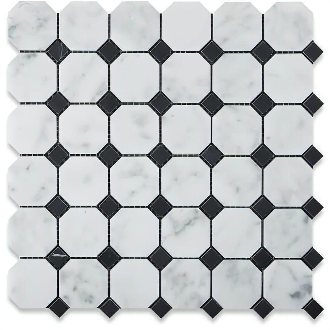 Carrara White Marble Octagon / Nero Marquina Dots - Hey Tiles