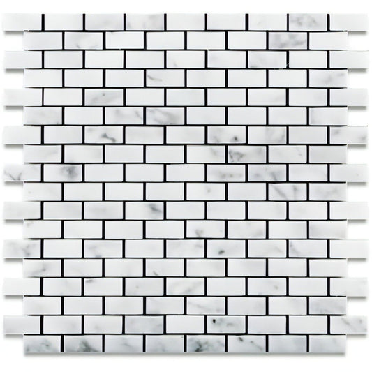 Carrara White Marble Polished Baby Brick Mosaic Tile - Hey Tiles